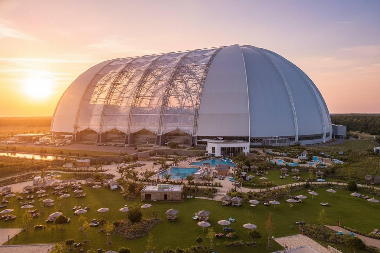 Tropical Island koepel buitenkant bij zonsondergang